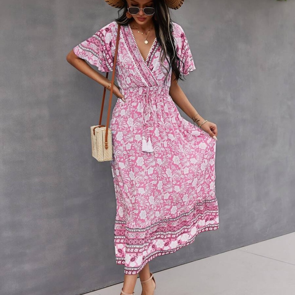 Boho Yellow Floral Print Butterfly Sleeve Midi Dress Cottagecore - Picture 7 of 13